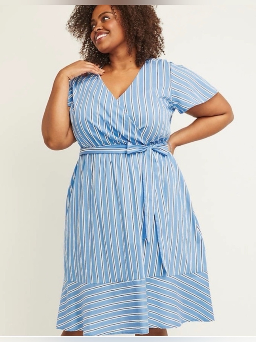 NEW Lane Bryant Blue Striped Wrap Midi Dress Plus Size 28 Belted Flutter Sleeve